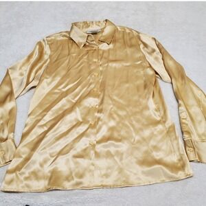 Alfani Gold Silky Silk Button Blouse 12 Classic Office Work Feminine Formal Boho